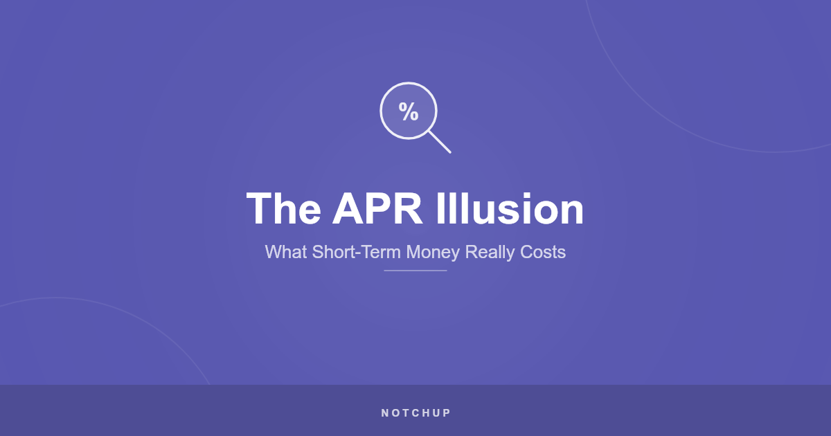 The APR Illusion: magnifying glass over a percent sign on a purple background